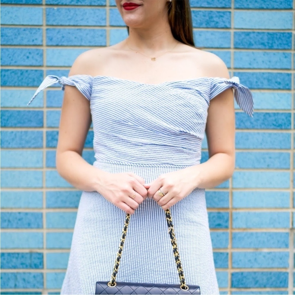 NWT J. Crew Tie-shoulder Seersucker Dress Size 10 Tall Blue White 100% Cotton